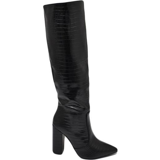Malu Shoes stivali donna nero a punta tacco doppio 10 cm lucido altezza ginocchio rigido stampa coccodrillo con zip moda