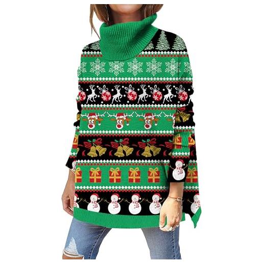 Kids4ever maglione natalizio da donna lavorato a maglia collo alto fiocco di neve alce stampato maglione natalizio manica a pipistrello sciolto orlo diviso pullover verde xl