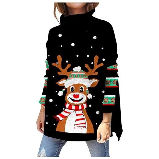 Kids4ever maglioni natalizi da donna con collo alto e maniche lunghe con fiocco di neve natalizio alce stampato oversize in maglia con spacco laterale nero m