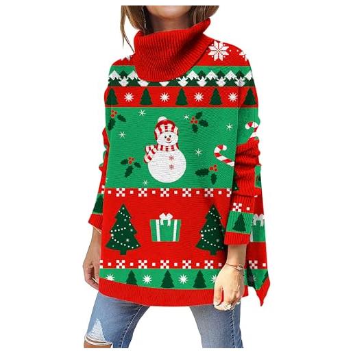 Kids4ever maglione dolcevita natalizio da donna albero di natale pupazzo di neve stampato in maglia a maniche lunghe collo alto con spacco laterale maglione natalizio pullover xl