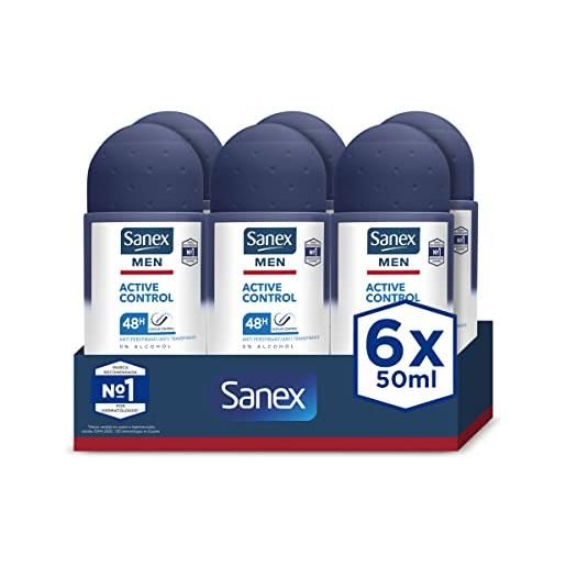 Sanex men active control, deodorante uomo, roll-on, confezione da 6 pezzi x 50 ml