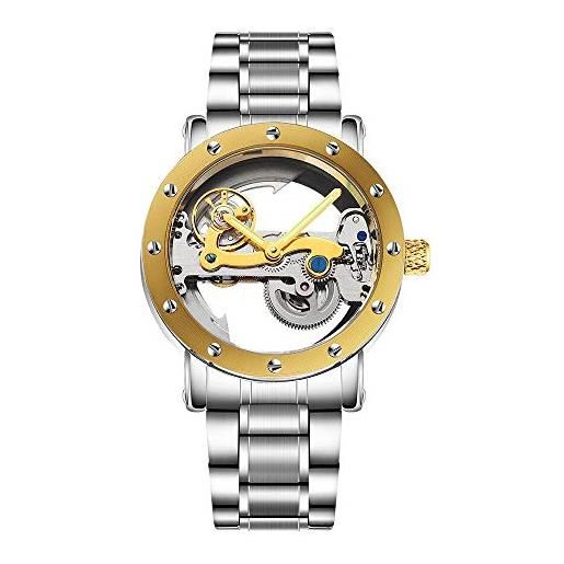 Haonb orologi da polso, orologio automatico scheletro rovesciato, acciaio con cassa in oro