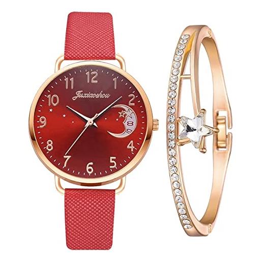 MDYH tscnb ttrqq orologio da donna con cinturino in pu con cinturino al quarzo, colore: rosso+bracciale