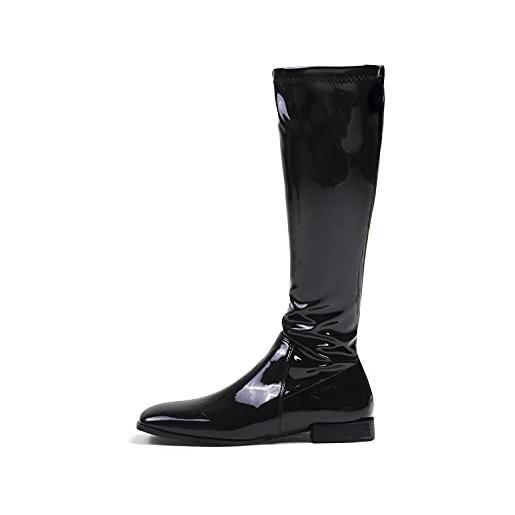 GENSHUO stivali al ginocchio donna stivali bassi eleganti con cerniera stivali gogo con punta quadrata scarpe da stivali invernali, vernice nero 37,5eu