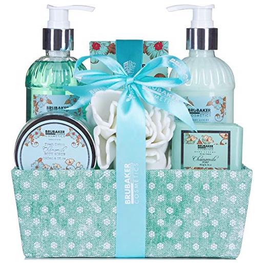Brubaker set bagno e doccia 'chamomile fresh cotton' cura idratante di camomilla - set regalo di 7 pezzi in un cestino decorativo