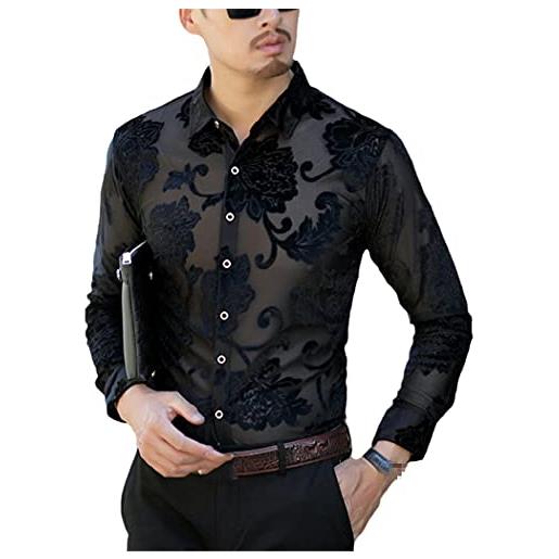 VMAKBUWIS camicia trasparente di lusso da uomo con ricamo floreale camicia in pizzo per uomo vedere attraverso il club partito promenade camicie, nero , m
