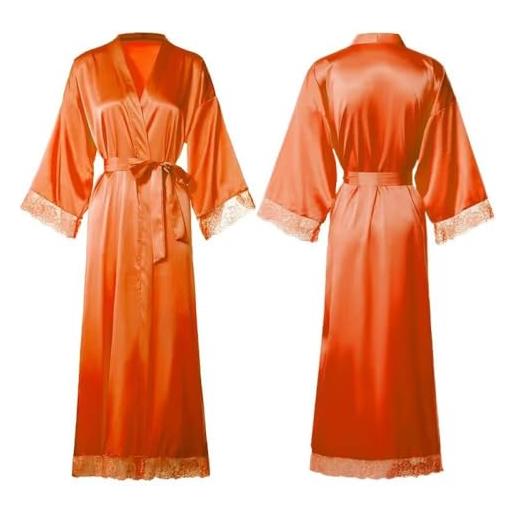 RWGSNB vestaglia da donna in raso con cuciture in pizzo, accappatoio con scollo a v arancione leggero kimono lungo in raso con cintura sposa indumenti da notte camicia da notte bademantel damen, m