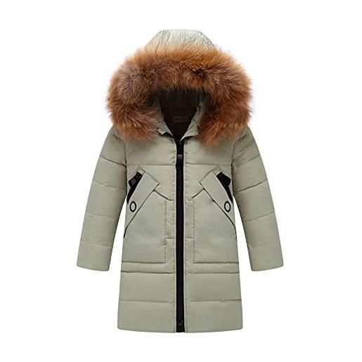 DAIHAN bambina giacca di piumino ragazza cappotto imbottita con cappuccio parka invernale a vento caldi giubbotto trapuntato cappotto collo di pelliccia ecologica, verde, 150