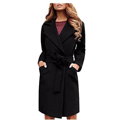Generic peacoat con cintura cappotto da donna in lana con risvolto classico solido dimagrante termico per le donne cappotti di lana per le donne caldo cappotto invernale trench coat, nero , l