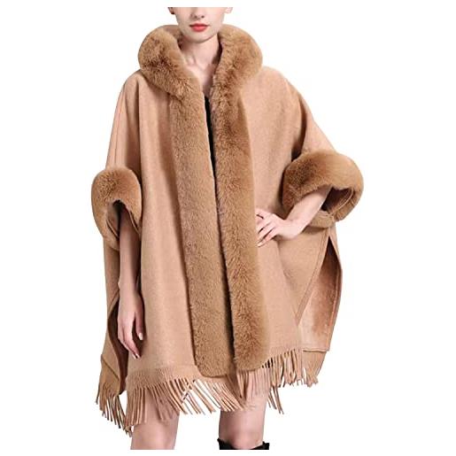 Petalum mantello invernale con cappuccio in lana elegante da donna, poncho, a maniche lunghe, in velluto, colletto in finta pelliccia, con frange spesse, caldo, casual, motivo a quadri classici, 