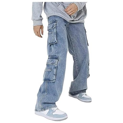 Yeooa jeans vintage y2k da uomo casual vestibilità ampia pantaloni diritti a gamba larga jeans harajuku hip-hop gothic abbigliamento streetwear per adolescenti (blu, xl)