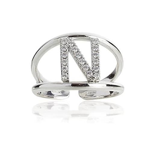 Artlinea, anello in argento 925 sterling, gioiello personalizzato con la lettera n maiuscola, con pavé zirconi, retro aperto con misura regolabile 12-18, made in italy