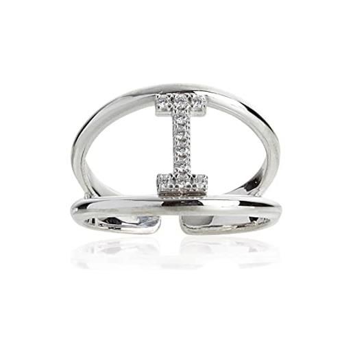 Artlinea, anello in argento 925 sterling, gioiello personalizzato con la lettera i maiuscola, con pavé zirconi, retro aperto con misura regolabile 12-18, made in italy