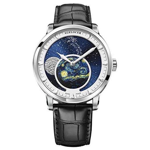 Agelocer orologio da polso di lusso di moda maschile meccanico di fase lunare blu di marca superiore degli uomini, ri: 6401a1