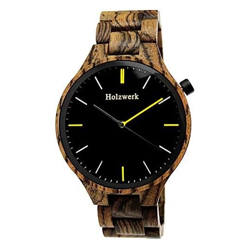 Holzwerk Germany orologio da uomo, realizzato a mano, ecologico, in legno, analogico, classico, al quarzo, marrone, nero, giallo, marrone. , bracciale
