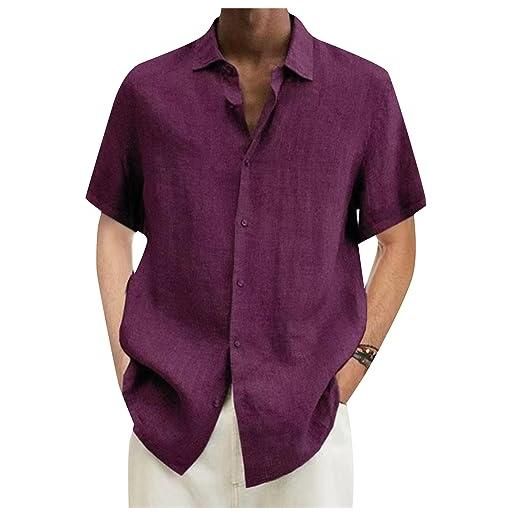 OMZIN camicie uomo cotone lino hawaiano camicie casual tinta unita camicie manica corta button down rosso porpora m