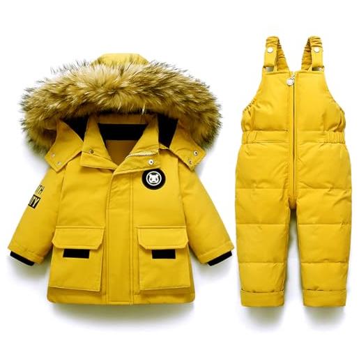 Acuryx tuta da neve 2 pezzi da bambini ragazzi capppotto in piuma con cappuccio pellicia + salopette da neve bambina giacca invernale impermeabile blu 12-18 mesi