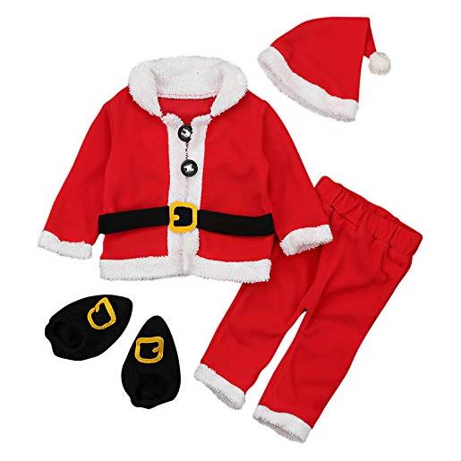 amropi bambino ragazzi natale babbo cappotti e pantaloni e cappello e calzini 4 pezzi caldo set (rosso e bianco, 5-6 anni)