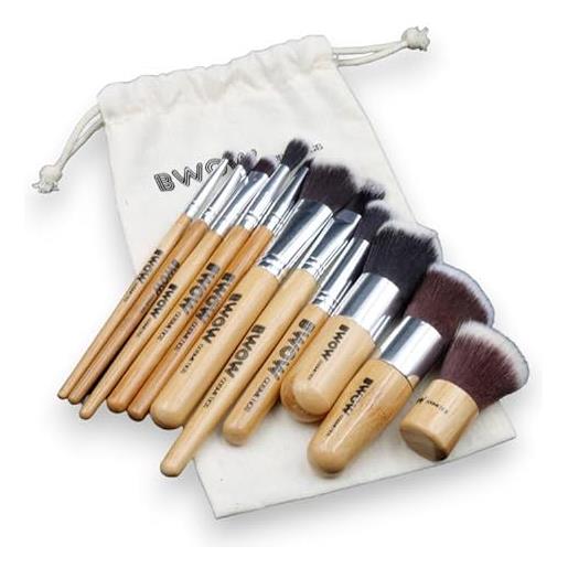 BWOW premium 11 pezzi vegan kabuki bamboo set di pennelli da trucco in sacchetto di cotone | set completo di pennelli da trucco