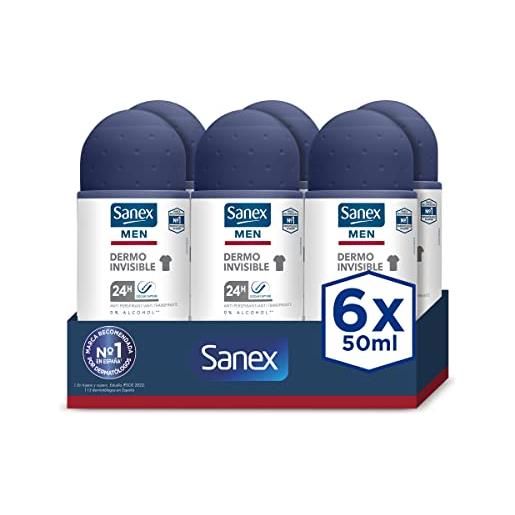 Sanex men dermo invisibile, deodorante da uomo, deodorante roll-on, antitraspirante, confezione da 6 pezzi x 50 ml