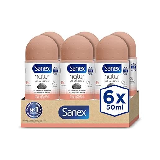 Sanex natur protect - deodorante roll-on, confezione da 6 x 50 ml, protezione 24 ore contro il cattivo odore, con pietra di allume, 0% alcool, senza allergeni e coloranti, pelle sensibile