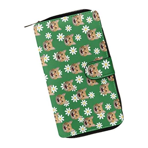 Dajingkj portafoglio donna grande capacità viaggio organizzatore portafogli lungo multifunzione carte zipper moneta portafogli, gatto & fiore, casual