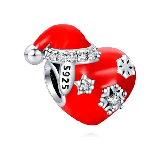 H.ZHENYUE ciondolo in argento sterling 925 christmas hat red heart charm bead con zirconia cubica, compatibile con bracciale e collane europei, per la festa della mamma, compleanno, regalo di natale