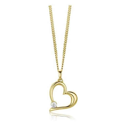OROVI pendente cuore oro giallo con zircone taglio brillante, vero oro 9kt 375, fornito di catena in argento 925, collana donna anallergica. Catenina in argento cm. 45. 