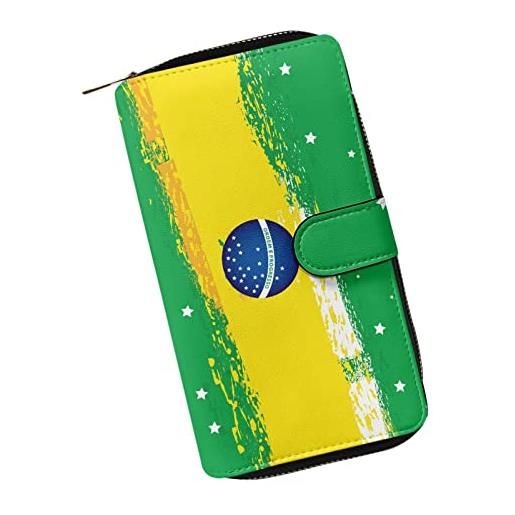 Dajingkj portafoglio donna grande capacità viaggio organizzatore portafogli lungo multifunzione carte zipper moneta portafogli, bandiera del brasile, casual