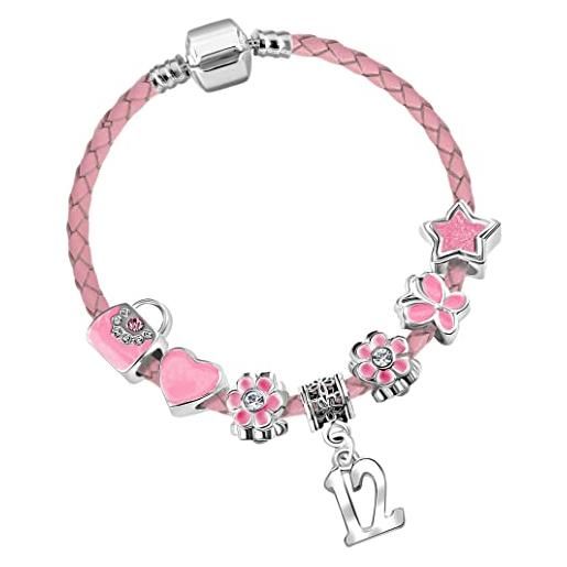 Charm Buddy braccialetto con ciondolo per compleanno, in pelle, con motivo farfalle, per ragazze, con confezione regalo e placcato argento, colore: argento, cod. Bhs-age pink pand