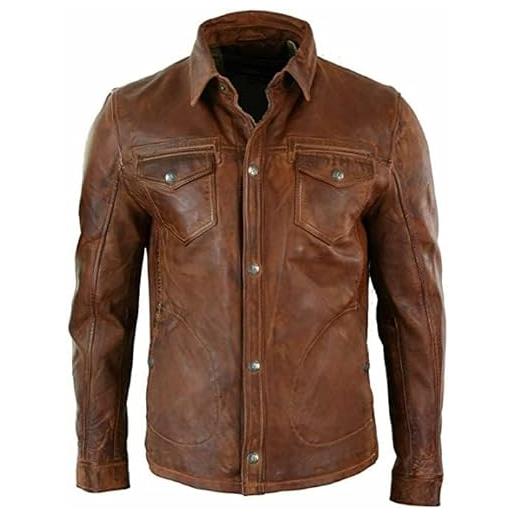 NAYA Leather camicia da uomo in pelle marrone 100% vera pelle di agnello morbida slim fit vintage camicia, marrone vex, xx-large