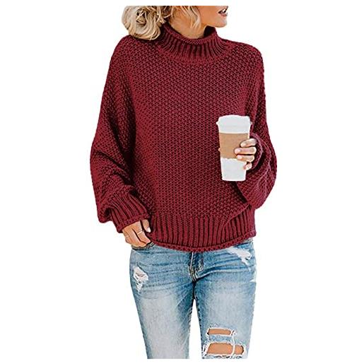 Onsoyours donna maniche lunghe pullover maglia maglione collo alto vintage elegante invernali sweater baggy jumper top casual sweatshirt a rosso 42