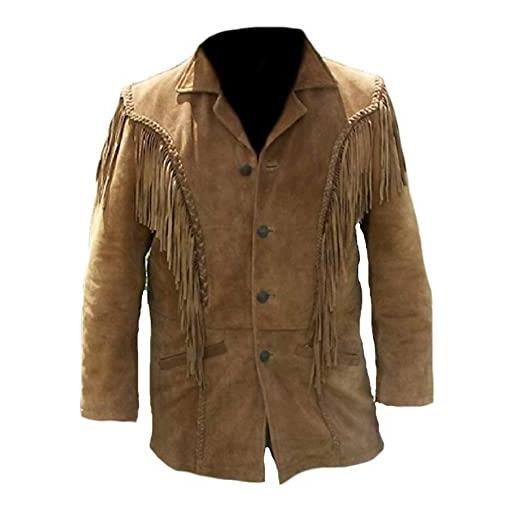 NAYA Leather giacca nativa americana in vera pelle scamosciata con frange cowboy western elegante, camoscio marrone. , x-large