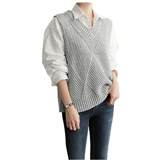 GUOCU maglione gilet donna senza maniche scollo a v pullover tinta unita classico casual panciotto autunno e inverno elegante maglia smanicato grigio s