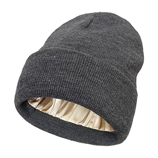 Mukeyo cappello invernale da donna, in maglia foderata in raso, con risvolto in seta, con fodera in seta, morbido cavo, nero, taglia unica