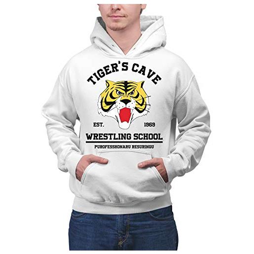 Colorfamily felpa con cappuccio uomo tigre tiger's cave wrestling school est. 1969 bianca taglia l