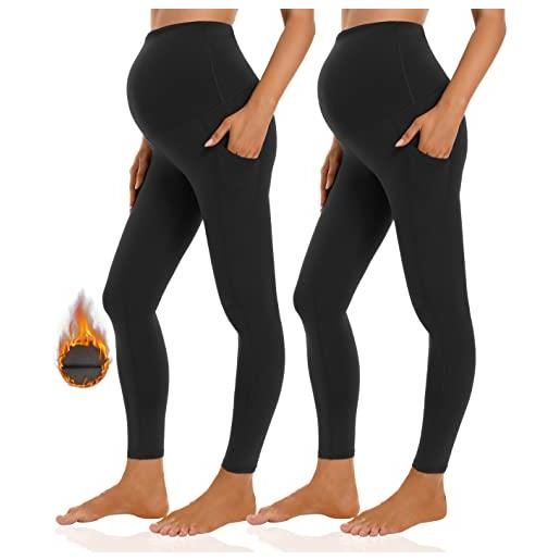 Foucome leggings premaman foderati in pile con tasche sopra la pancia gravidanza inverno caldo allenamento yoga pantaloni, confezione da 2, colore nero. , l