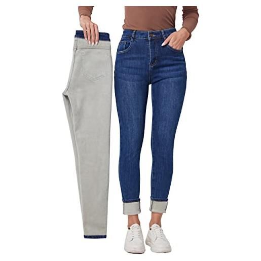 Fakanhui leggings da donna foderati in pile, invernali, termici, jeggings, cerniera con bottoni blu 6, large corto