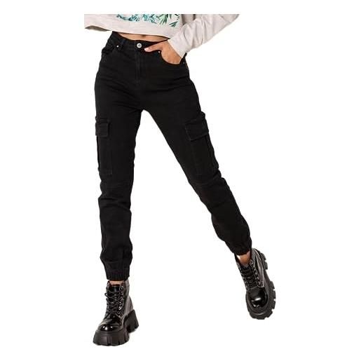 Nina Carter p219 jeans cargo da donna a vita alta, vestibilità rilassata, elasticizzati, look vintage, nero (p219-8), s
