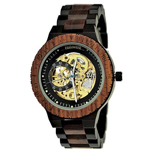 Holzwerk Germany orologio automatico fatto a mano, da uomo, ecologico, naturale, in legno, marrone, nero, oro, analogico, bracciale