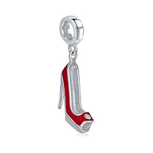Bling Jewelry ciondolo a forma di scarpa con tacco a spillo rosso dallo stile di design, per donne adolescenti. In argento sterling. 925, adatto al braccialetto europeo. 