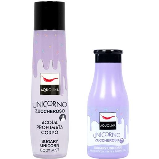 Aquolina unicorno zuccheroso confezione magic 150 ml acqua aromatica per il corpo + 125 ml bagno doccia