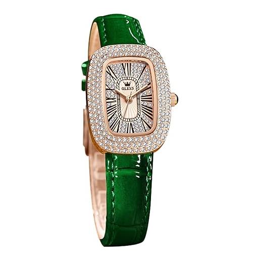 RORIOS orologi tonneau da donna orologi da polso signora analogico quarzo orologi elegante diamante orologi strass impermeabile cinturino in pelle verde