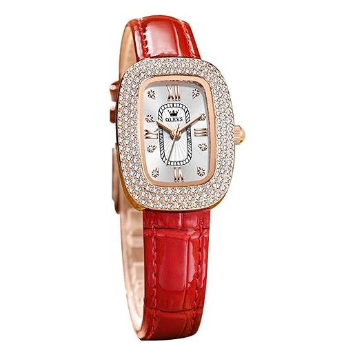 RORIOS orologi tonneau da donna orologi da polso signora analogico quarzo orologi elegante diamante orologi strass impermeabile cinturino in pelle rosso b
