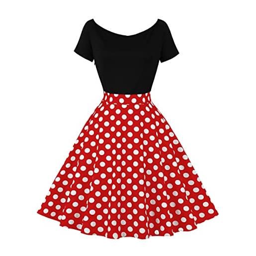 Odizli abito da donna vintage rockabilly anni '50 off shoulder polka dot swing a linea al ginocchio abito estivo coctail, colore: rosso, s