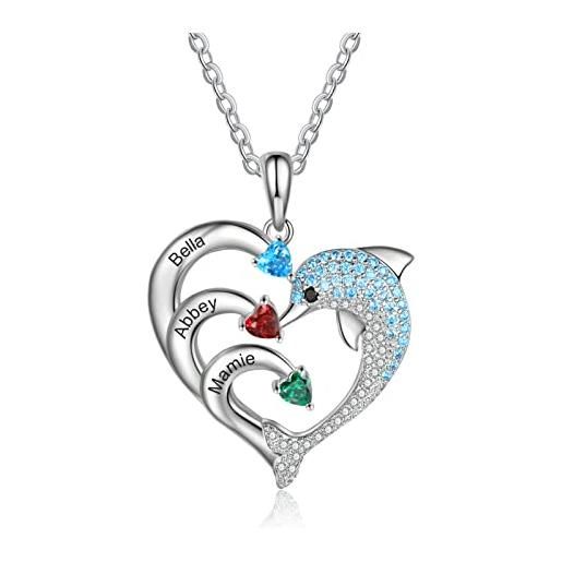 ALBERTBAND collana personalizzata delfino a forma di cuore con 2-8 nomi con ciondolo inciso birthstone per le donne collana con promessa di famiglia per gioielli di san valentino (3 nomi)