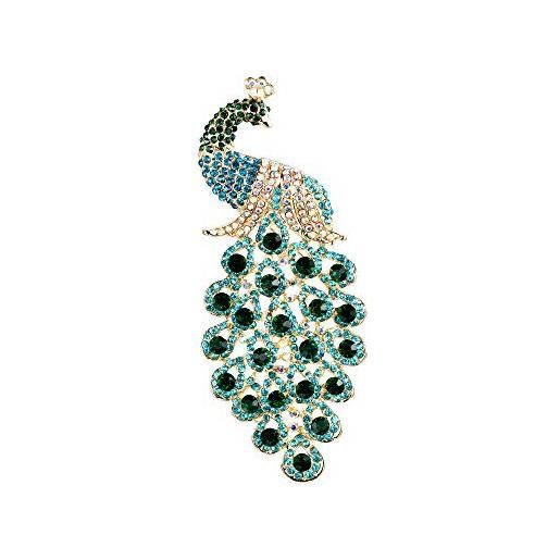 EVER FAITH spilla gioiello, cristallo austriaco elegante animale pavone plume pendente spilla verde w/blu oro-fondo