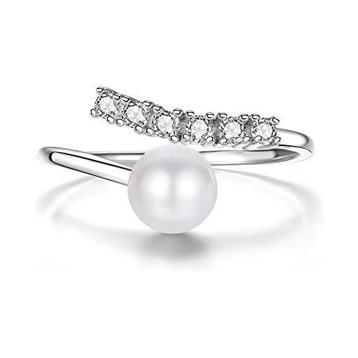 LUCKMORA anelli di perle in gioielli in argento sterling 925 per donne e ragazze, perle d'acqua dolce bianche rotonde con zirconi placcati in oro, anelli aperti, perle reali regolabili, carta, perla