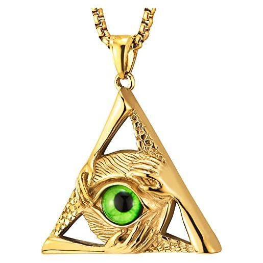 COOLSTEELANDBEYOND verde protezione malocchio mano oro triangolo ciondolo, collana con pendente da uomo donna, acciaio, catena grano 70cm