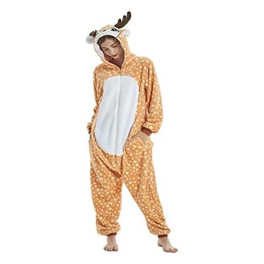 ALANTOP pigiama unisex adulto tuta tuta animale un pezzo flanella pigiameria natale halloween cosplay costume tuta, cervo, xl